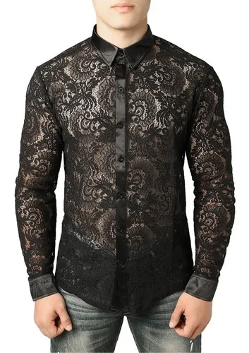 Men's Long Sleeve Men Mesh Sheer T-shirt Transparent Split