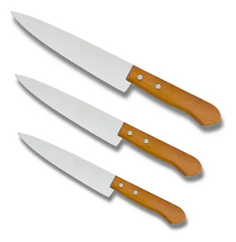 Kit 3 Facas de Cozinha SQ Só Qualidade Aço Inox e Madeira