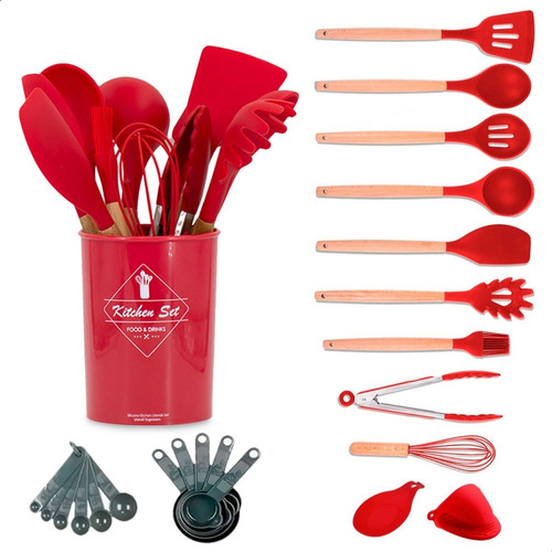 Jogo 13 Peças De Silicone/bambu Utensílios Cozinha - Madeira Cor Vermelho