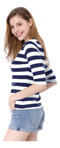 Playera Ajustada Cuello Redondo Top Estampado Manga Al Codo