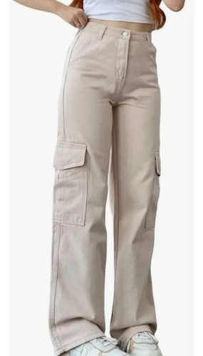 Jean Cargo De Mujer Wide Leg Beige Tendencia Calce Premium
