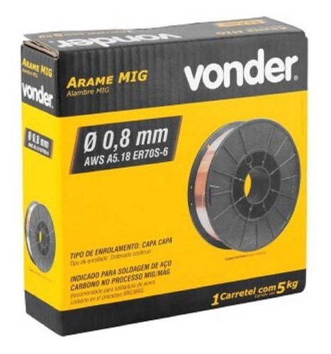 Arame Solda Mig 0.8mm Carretel Com 5kg Uso Com Gás Vonder