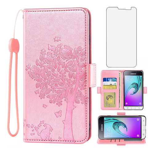 Funda Rosa Tarjetera Soporte + Protector Para Galaxy J1