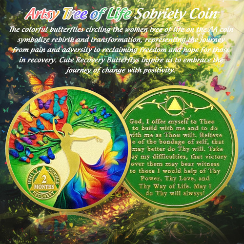 Moneda De Sobriedad Dos Meses Árbol De La Vida Colorido