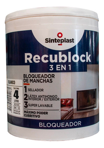 Recublock Bloqueador Sellador Humedad 3 En 1 Sinteplast 4lts