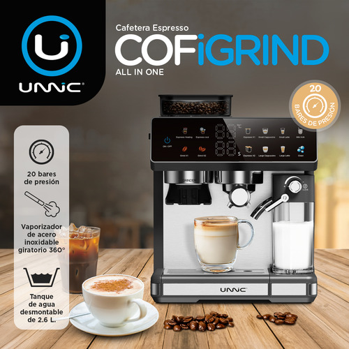 Cafetera Unnic Espresso Con Molinillo Granos Digital Tactil Con Deposito De Leche Acero Inoxidable Para Barista De 20 Bares 1350w Espumador 2.6 L Calienta Tazas Café Caliente Frio Desayuno Color Negro