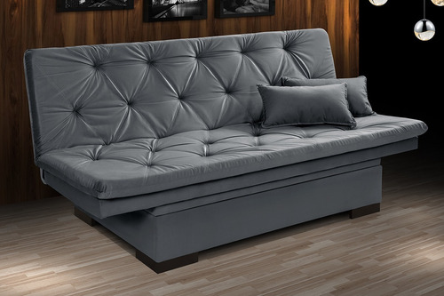 Essencial Estofados Sofá Cama Bau Reclinável Em Suede + Duas Banquetas Rub Cor Cinza