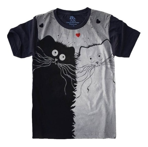 Camiseta Feminina Plus Size Algodão Preta Gato Cat