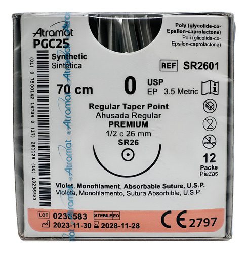 Sutura Pgc25 (monocryl) 0. Ref: Sr2601. C/12 Piezas. Atramat