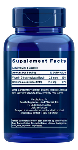 Citrato Cálcio, Vit. D Life Extension 200 Caps Importado