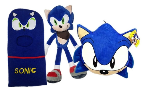 Set X3 Sonic Cojin + Muñeco Peluche 42cm + Gorro Pasamontaña