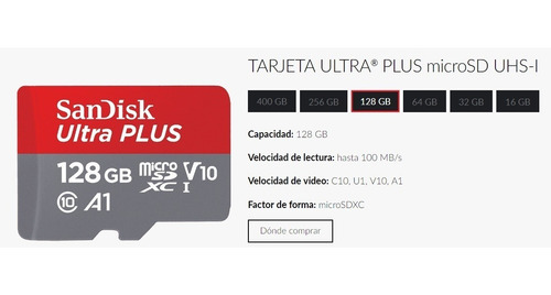 Memoria Micro Sd 128gb Sandisk Plus 100mb/s Class10 Tienda