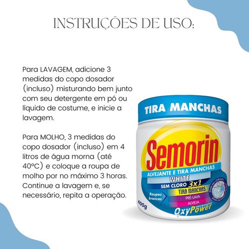 Tira Manchas Em Pó Pote Semorin 400g White Roupas Brancas