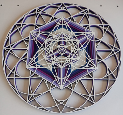 Mandala 3d Cubo Metatron Em Mdf - 60x60 Cm - 7 Camadas Azul / Degradê Roxo/ Branco