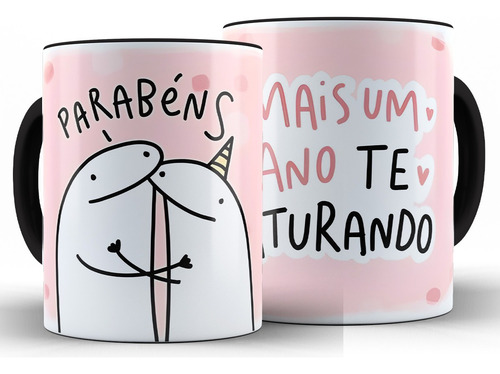Caneca Meme Parabéns Mais Um Ano Alça Preta Cerâmica + Caixa