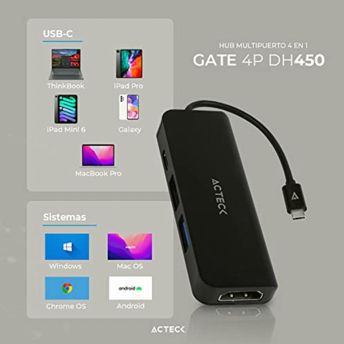 Hub Usb C 4 En 1 Gate 5p Dh645 4khdmi + 1xusb A 3.0 + 1xusb