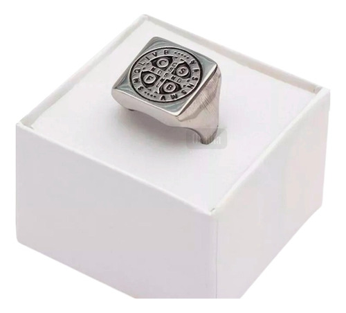 Anillo Acero Quirúrgico Tipo Sello Cruz San Benito Unisex