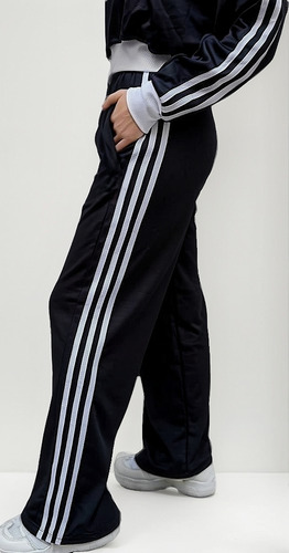 Pantalon Palazzo Negro Con Tres Lineas Blancas