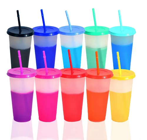 20pzs Vasos Magicos Cambian De Color Con Tapa Y Popote 710ml