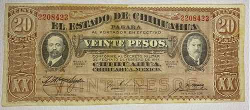 Estado De Chihuahua 20 Pesos 1914 Serie Villa Condición F