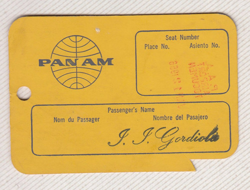 1966 Aerolinea Pan Am Tarjeta Permiso Equipaje Cabina