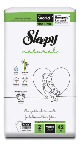 Pañales Sleepy Natural Bamboo Talla P (3-6kg) Nº2, 42 Un.