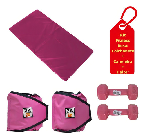Kit Colchonete Rosa+caneleira 2kg + Par Halter Sextavado 3kg Cor Rosa