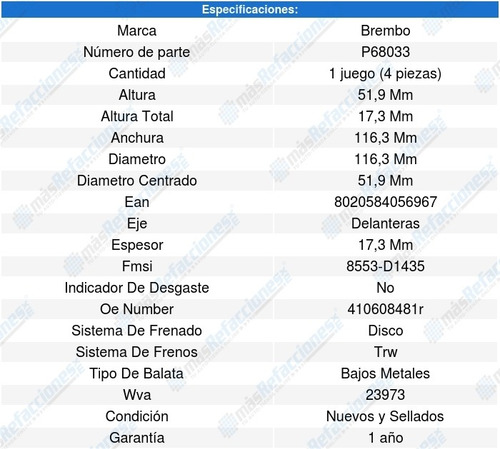 Balatas Delanteras Nissan Micra 1.4l L4 05 A 07 Brembo