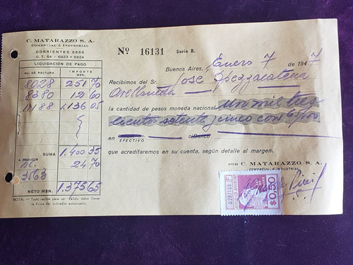 Juguetes C. Matarazzo S.a. Recibo Original Estampilla 1947