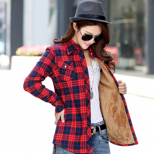 Camisa A Cuadros Cálida De Terciopelo Para Mujer Invierno