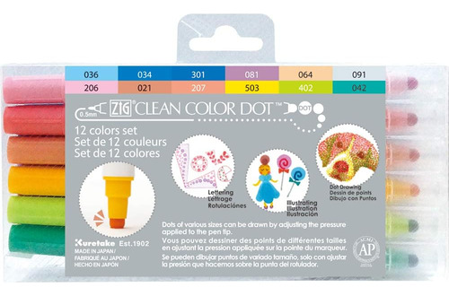 Marcadores Kuretake Zig Clean Color Dot, Juego 12 Colores, Y
