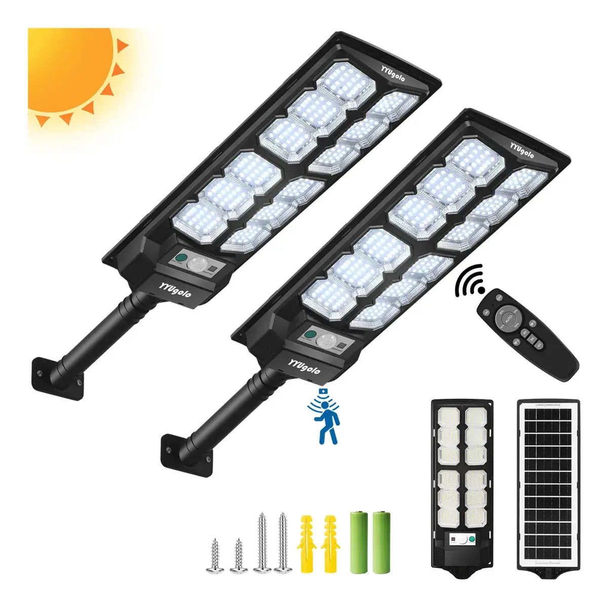 Lámparas Solares Exteriores de Jardín LED YYUgolo 2pcs, Luminaria Solar con Batería LiFePO4 5000mAh, Sensor de Movimiento Radar, Control Remoto, 4 Controles Inteligentes y Luz Blanca