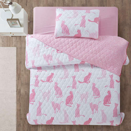 Conjunto De Colcha De Gatos Rosados Con Mini Pompones,