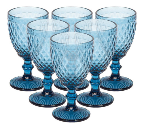 Set 6 Copas De Vidrio 300ml Cóctel Vino Vintage Cristal Color Estilo Diamente—Azul