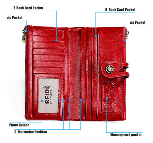 Rfid Cartera Larga Cuero Genuino Señoras Cartera Bolso