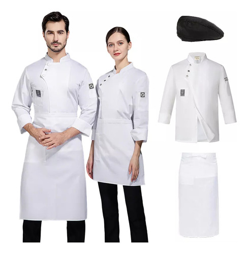 Traje De Chef De Manga Larga, Camisa + Sombrero + Delantal