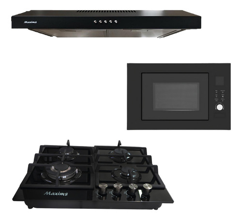 Parrilla De Gas 4 Quemadores Maxims Hbh4gs De Cristal Templado Incluye Campana De Cocina Maxims Hf6101aba Color Negro Y Horno De Microondas Empotrable.