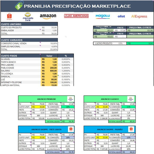 Planilha Precificação Para Marketplaces E Controle Vendas