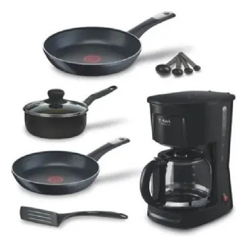 Combo Batería De Cocina Y Cafetera 10pz T-fal B120421m2c Color Negro