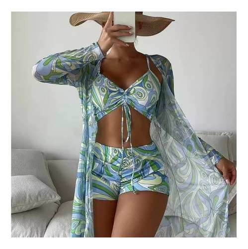 Conjunto Bikini De Tres Piezas Con Estampado Floral Playa