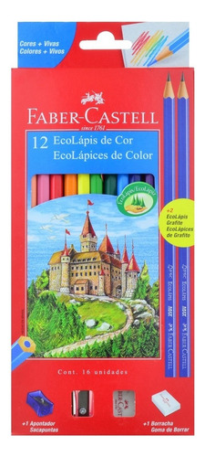 Lápis Cor 12 Cores Sextavado Faber-castell Kit Escolar + 2