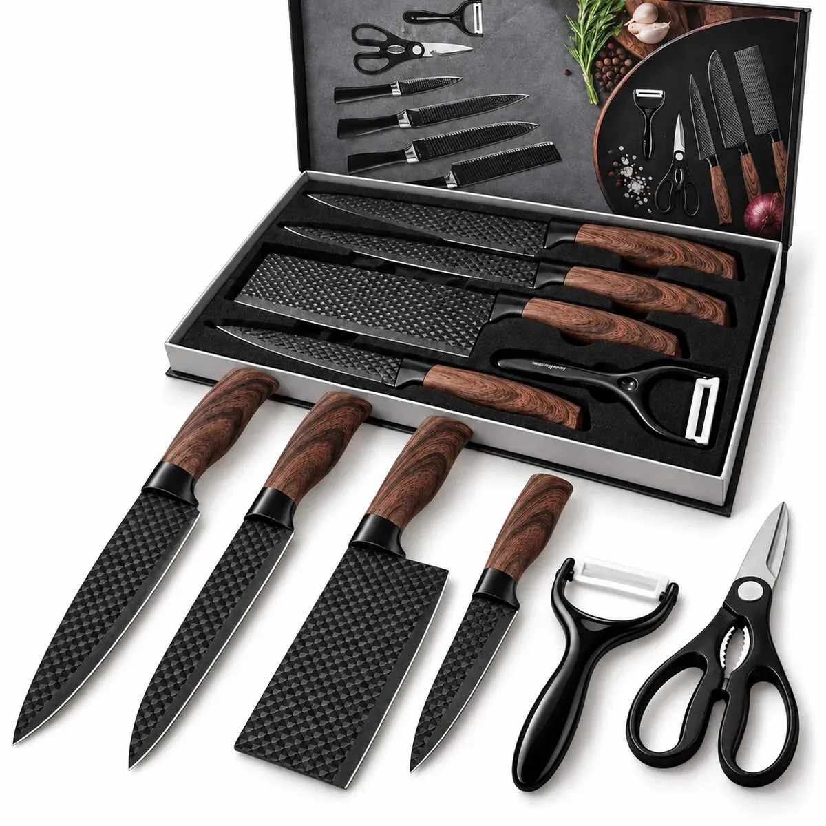 Kit Jogo De Facas Inox Antiaderente Cabo SoftToutch Madeirado Conjunto 6 Peças Gourmet Corte Afiado Presente Faca Premium Churrasco e Cozinha Carne