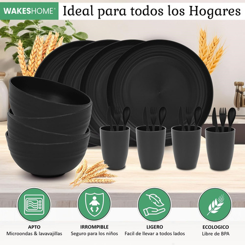 Juego De Vajilla Paja Trigo De 16 Pzas Para 4 Personas Negro