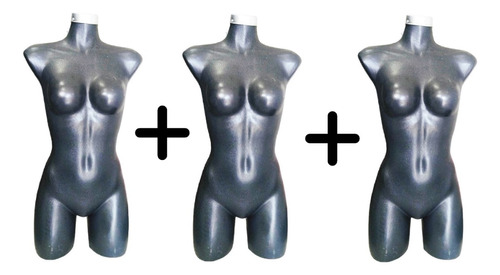 Trio Maniquis Torso Dama Mujer Plastico Negro Recto Exhibido