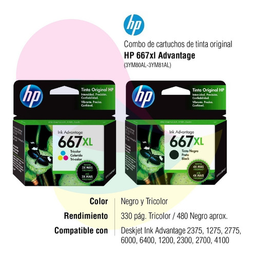 Imagen 2 de 7 de Cartucho Hp 667xl Negro + Hp 667xl Color Pack Original 1275