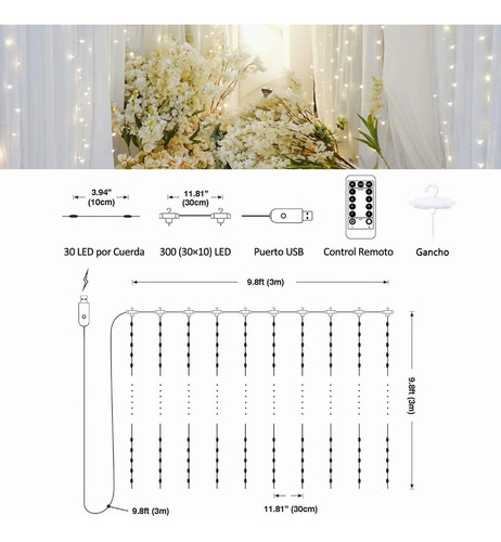 Imagen 7 de 8 de Cortinas Serie Luces 300 Led Decorativas Usb 8 Modos 3x3m