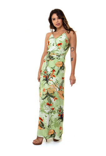 Vestido Kinara Longo Crepe Bojo Estampado Verde