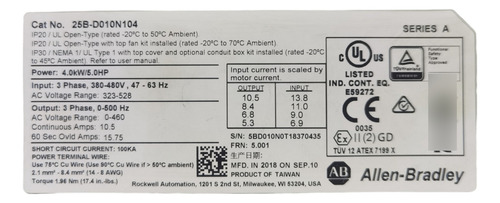 Variador Allen Bradley 5hp Trifásico 440v, 10a 25b-d010n104 (Usado)