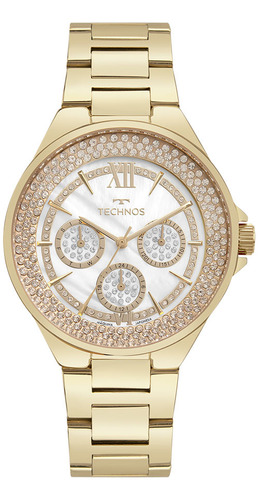Relogio Technos Feminino Dourado Multifunção Cravejado Stras 6P29ALQ/1D