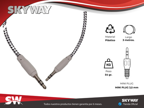 Cable Auxiliar 3 Metros Mini Plug 3,5mm Mallado Aux7 Skyway